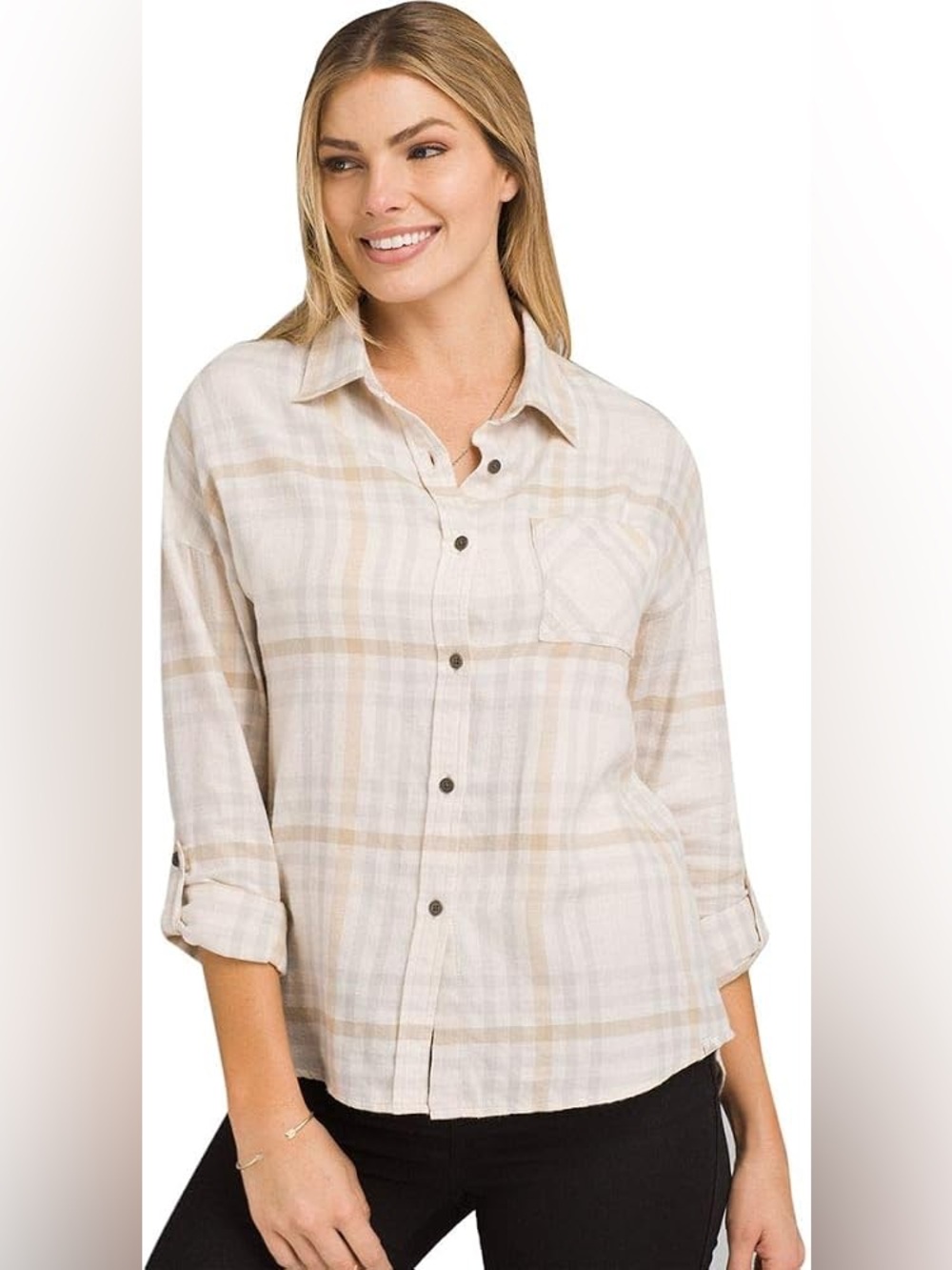 PrAna Percy Moonlight Plaid Organic Cotton Cream Flannel Top Size Small